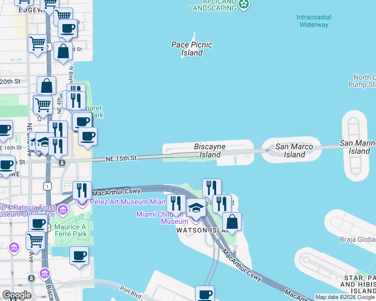 map of restaurants, bars, coffee shops, grocery stores, and more near 911 North Venetian Drive in Miami Beach
