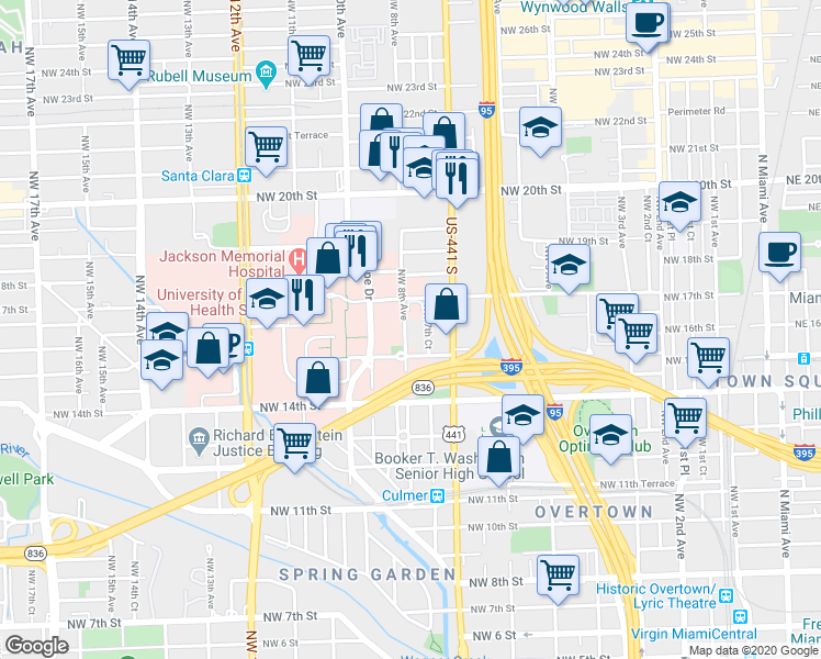 map of restaurants, bars, coffee shops, grocery stores, and more near 1651 Northwest 7th Court in Miami