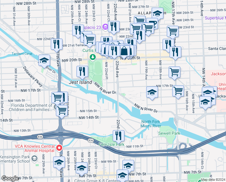 map of restaurants, bars, coffee shops, grocery stores, and more near 1696 Northwest 22nd Court in Miami