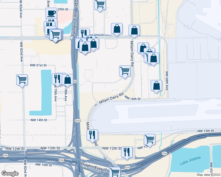 map of restaurants, bars, coffee shops, grocery stores, and more near 7300 Northwest 19th Street in Miami