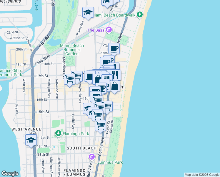 map of restaurants, bars, coffee shops, grocery stores, and more near 100 Lincoln Road in Miami Beach