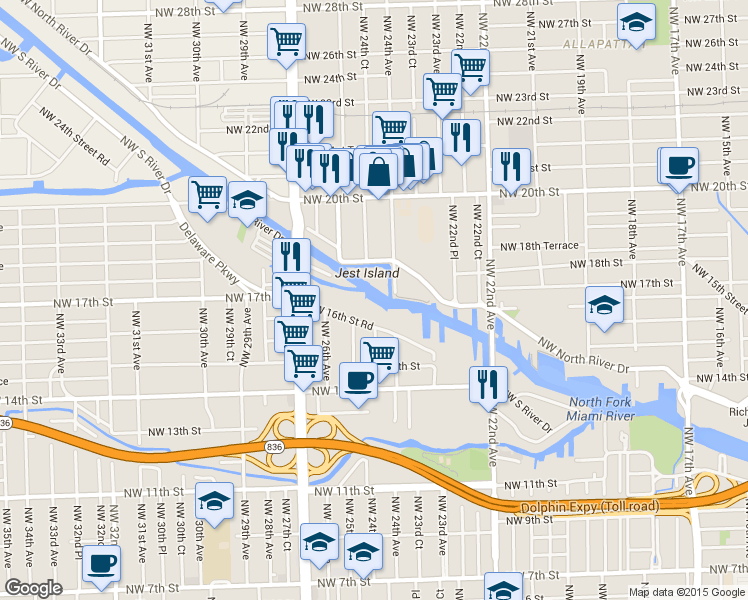 map of restaurants, bars, coffee shops, grocery stores, and more near 1800 Northwest 24th Avenue in Miami