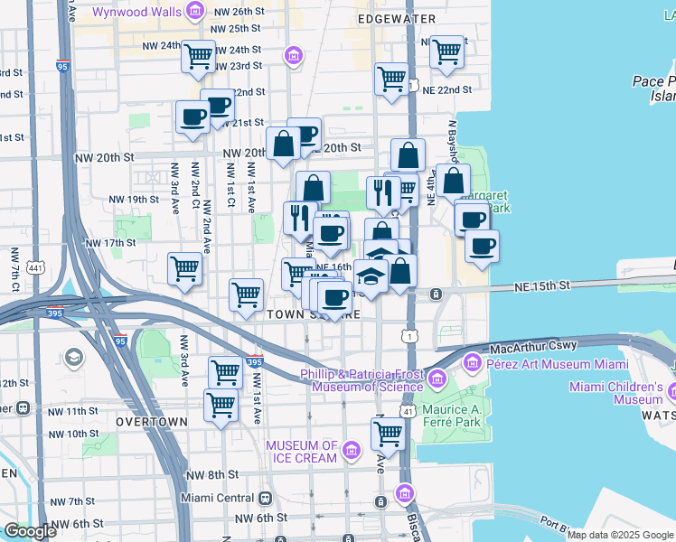 map of restaurants, bars, coffee shops, grocery stores, and more near 1615 Northeast Miami Place in Miami
