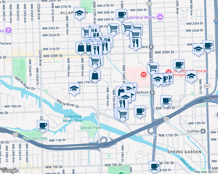 map of restaurants, bars, coffee shops, grocery stores, and more near 1661 Northwest 15th Street Road in Miami