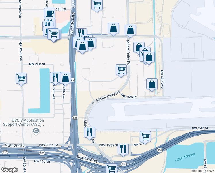 map of restaurants, bars, coffee shops, grocery stores, and more near 7300 Northwest 19th Street in Miami