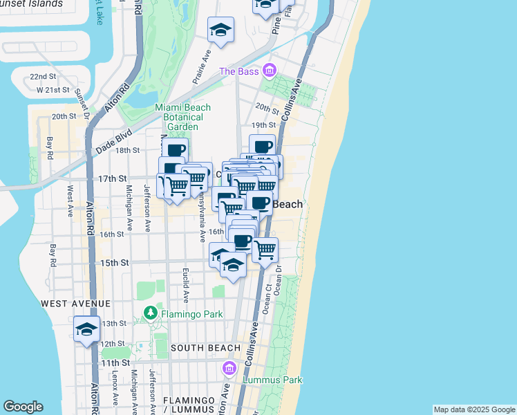 map of restaurants, bars, coffee shops, grocery stores, and more near in Miami Beach