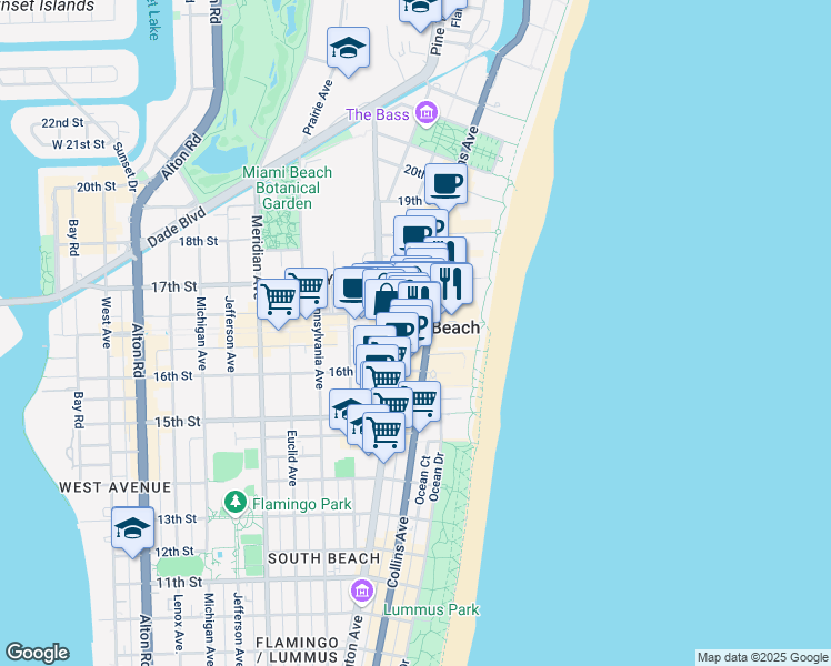 map of restaurants, bars, coffee shops, grocery stores, and more near in Miami Beach