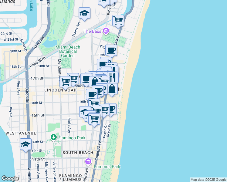 map of restaurants, bars, coffee shops, grocery stores, and more near 41 Lincoln Road in Miami Beach