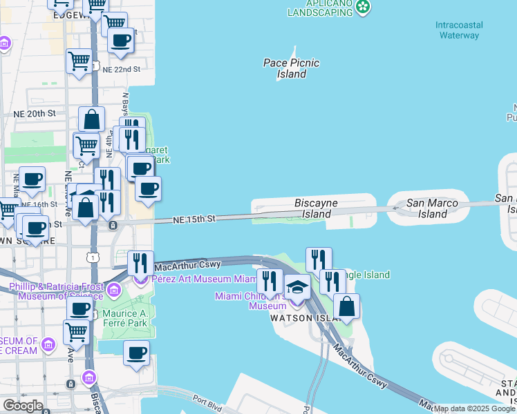 map of restaurants, bars, coffee shops, grocery stores, and more near 801 North Venetian Drive in Miami Beach
