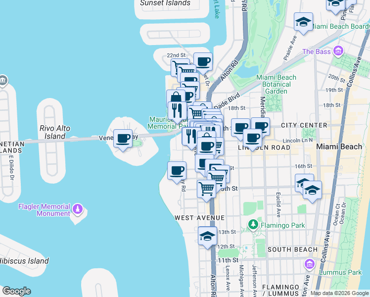 map of restaurants, bars, coffee shops, grocery stores, and more near 1665 Bay Road in Miami Beach
