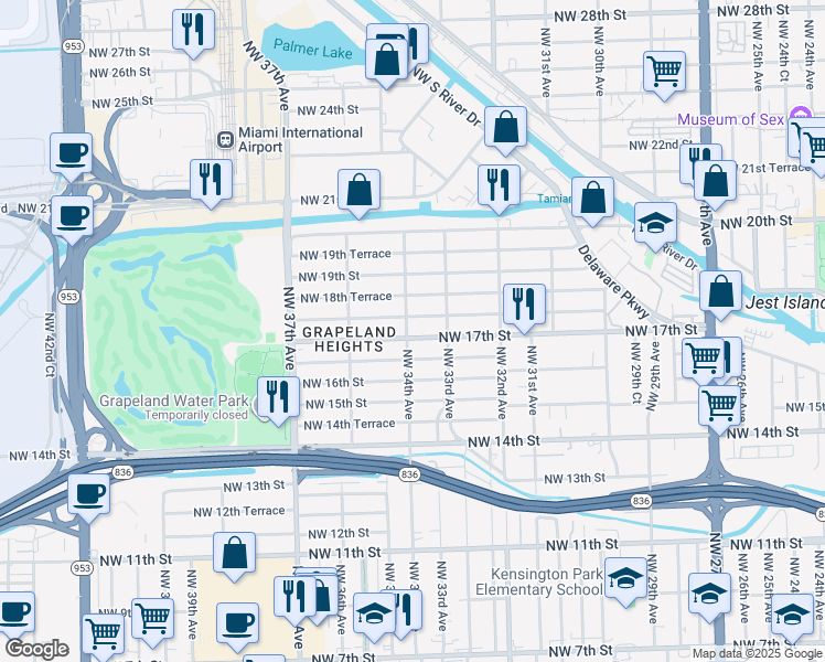 map of restaurants, bars, coffee shops, grocery stores, and more near 3370 Northwest 18th Street in Miami