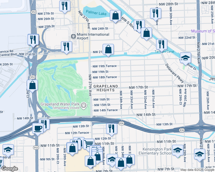 map of restaurants, bars, coffee shops, grocery stores, and more near 3503 Northwest 18th Street in Miami