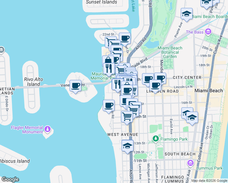 map of restaurants, bars, coffee shops, grocery stores, and more near 1665 Bay Road in Miami Beach