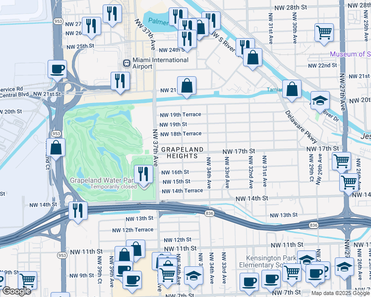 map of restaurants, bars, coffee shops, grocery stores, and more near 3503 Northwest 18th Street in Miami