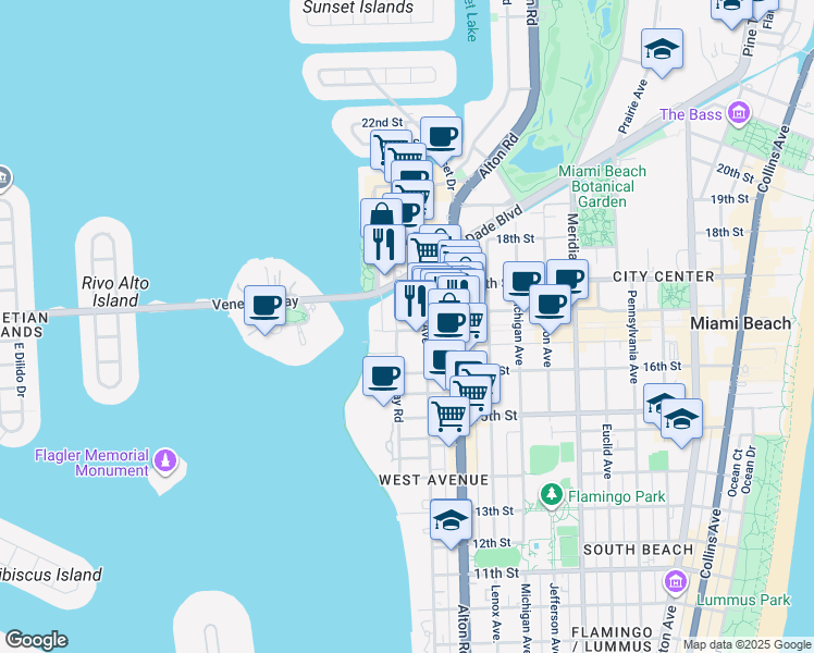 map of restaurants, bars, coffee shops, grocery stores, and more near 1665 Bay Road in Miami Beach