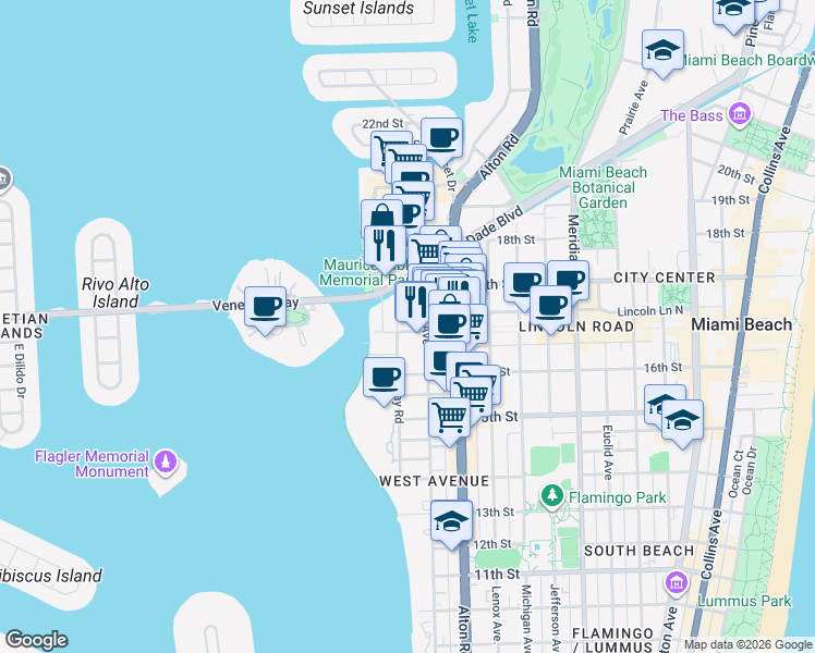 map of restaurants, bars, coffee shops, grocery stores, and more near 1665 Bay Road in Miami Beach