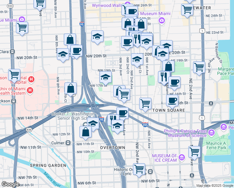 map of restaurants, bars, coffee shops, grocery stores, and more near 1600 Northwest 3rd Avenue in Miami