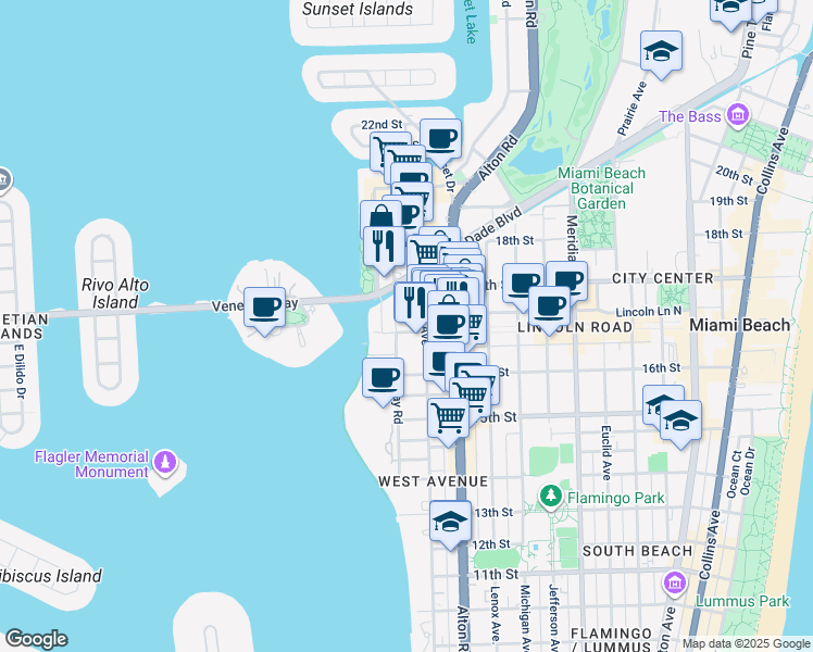 map of restaurants, bars, coffee shops, grocery stores, and more near 1665 Bay Road in Miami Beach