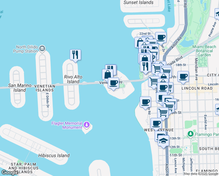 map of restaurants, bars, coffee shops, grocery stores, and more near in Miami Beach