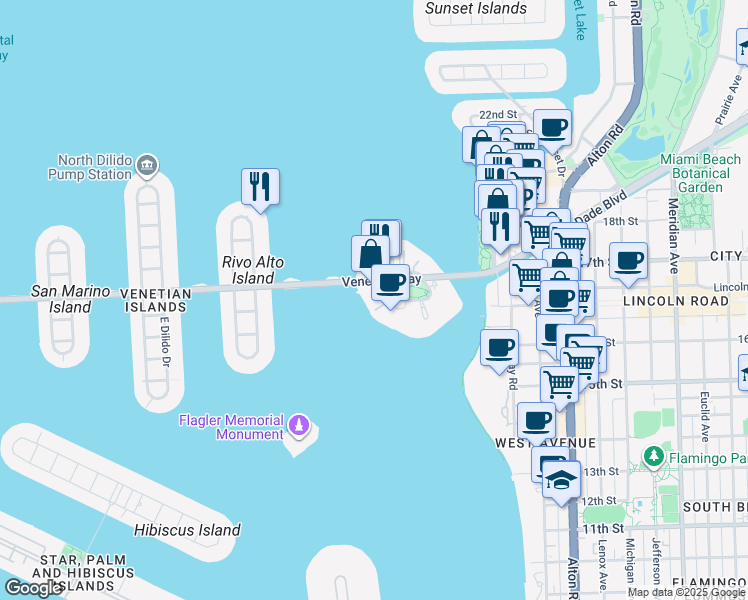 map of restaurants, bars, coffee shops, grocery stores, and more near in Miami Beach
