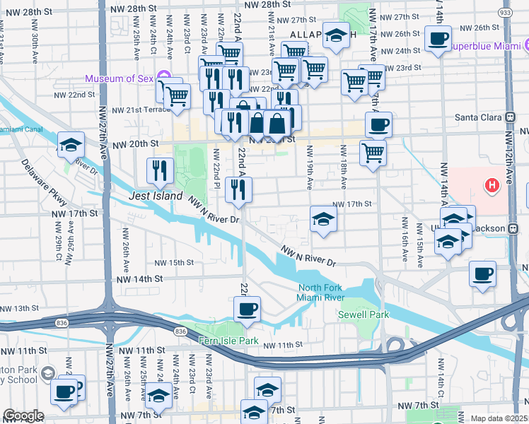 map of restaurants, bars, coffee shops, grocery stores, and more near 2153 Northwest 17th Street in Miami