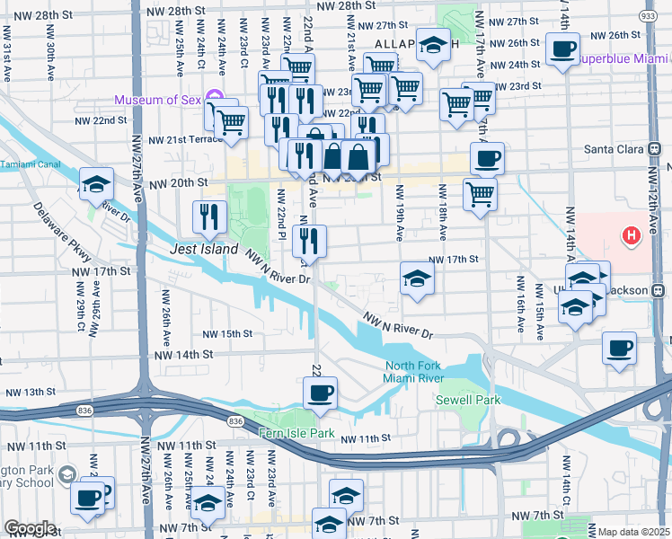 map of restaurants, bars, coffee shops, grocery stores, and more near 2153 Northwest 17th Street in Miami