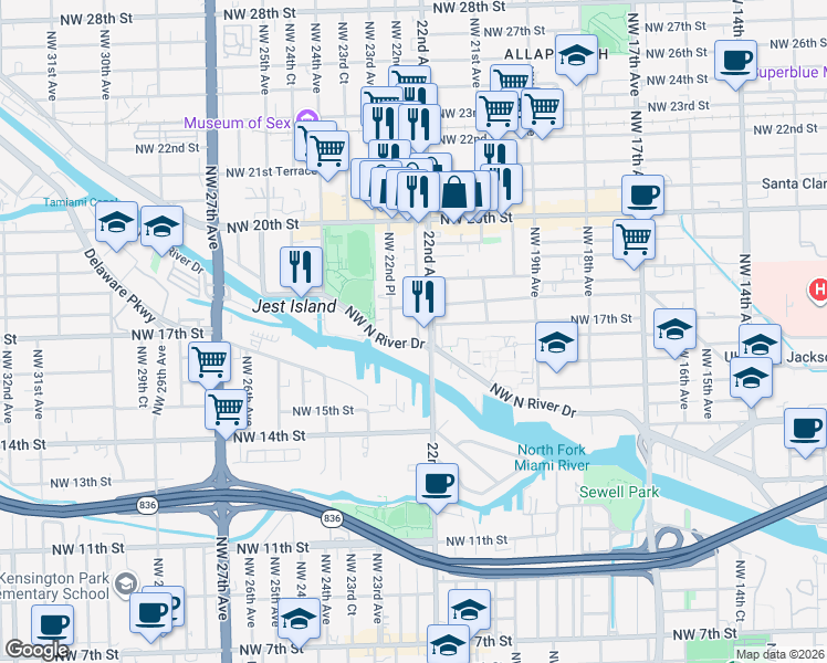 map of restaurants, bars, coffee shops, grocery stores, and more near 1680 Northwest 22nd Court in Miami