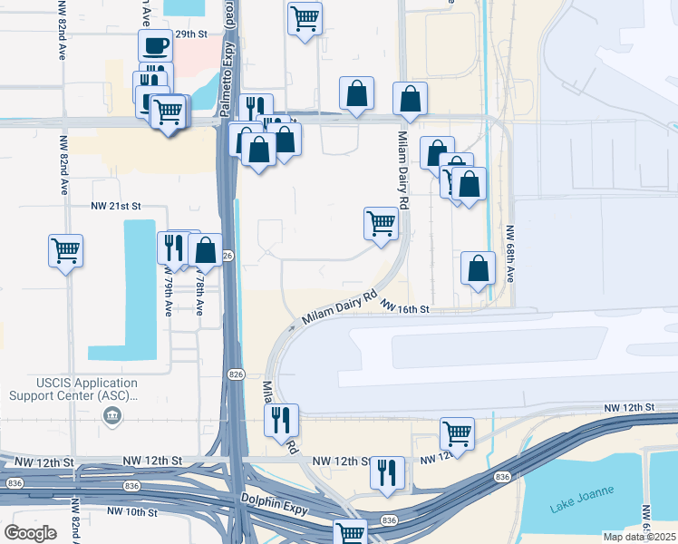 map of restaurants, bars, coffee shops, grocery stores, and more near 7300 Northwest 19th Street in Miami