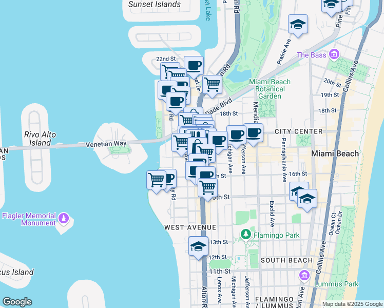 map of restaurants, bars, coffee shops, grocery stores, and more near 1233 Lincoln Road in Miami Beach