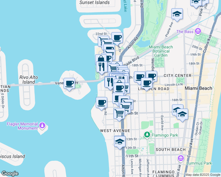 map of restaurants, bars, coffee shops, grocery stores, and more near 1665 Bay Road in Miami Beach