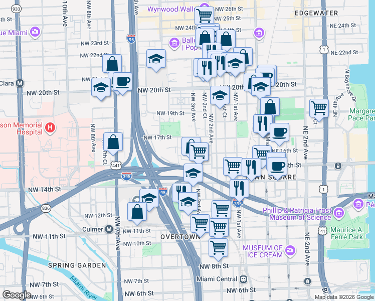 map of restaurants, bars, coffee shops, grocery stores, and more near 1600 Northwest 3rd Avenue in Miami