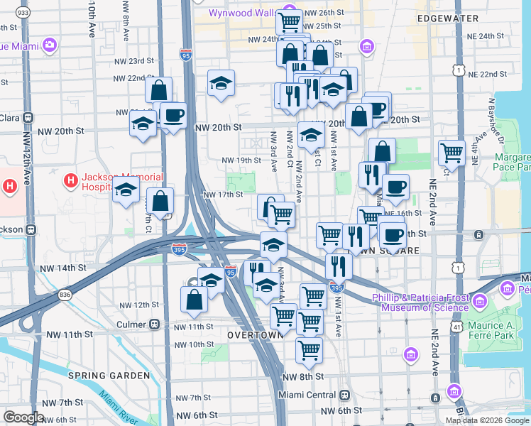 map of restaurants, bars, coffee shops, grocery stores, and more near 1600 Northwest 3rd Avenue in Miami