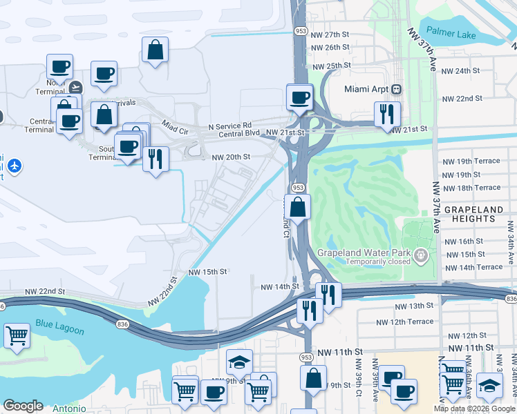 map of restaurants, bars, coffee shops, grocery stores, and more near 4265 NW South Tamiami Canal Dr in Miami