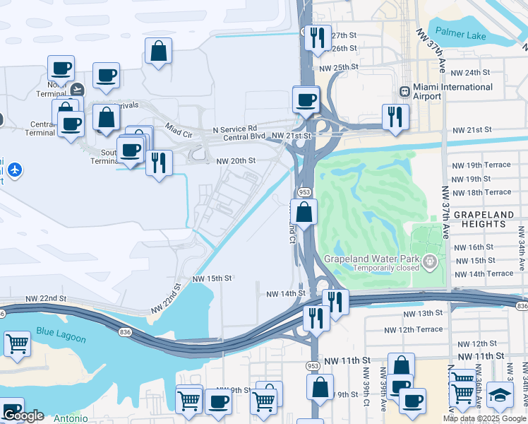 map of restaurants, bars, coffee shops, grocery stores, and more near 4265 NW South Tamiami Canal Dr in Miami