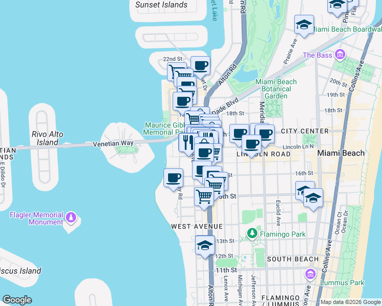 map of restaurants, bars, coffee shops, grocery stores, and more near 1665 West Avenue in Miami Beach