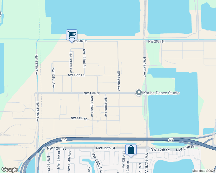 map of restaurants, bars, coffee shops, grocery stores, and more near 1800 Northwest 129th Avenue in Miami