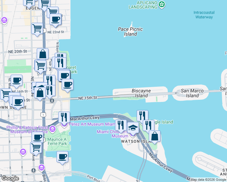 map of restaurants, bars, coffee shops, grocery stores, and more near 801 North Venetian Drive in Miami Beach