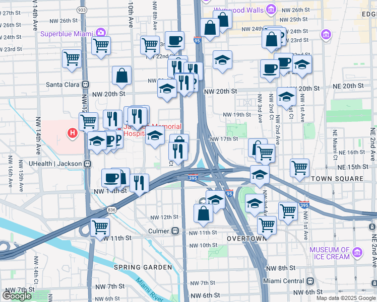 map of restaurants, bars, coffee shops, grocery stores, and more near 1603 Northwest 7th Avenue in Miami