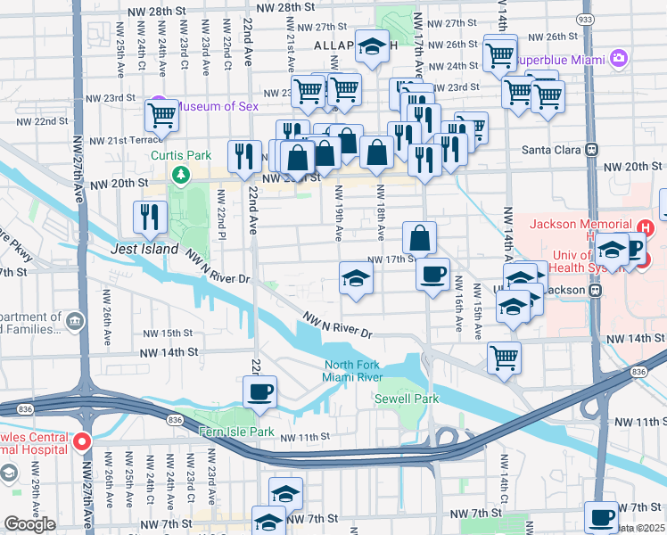 map of restaurants, bars, coffee shops, grocery stores, and more near 1902 Northwest 17th Street in Miami