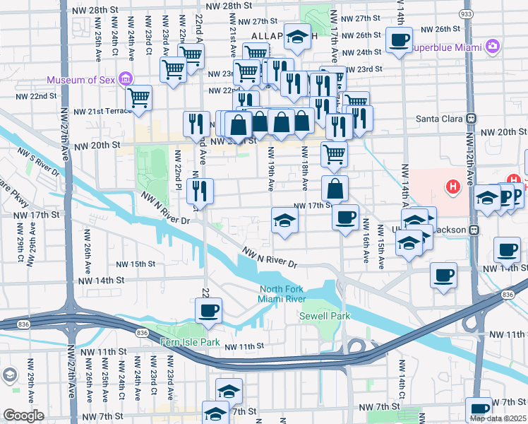 map of restaurants, bars, coffee shops, grocery stores, and more near 1902 Northwest 17th Street in Miami