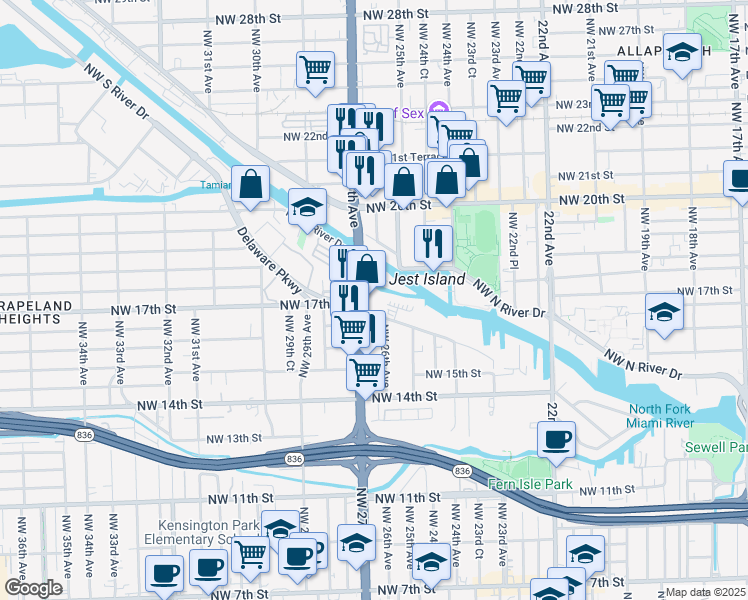 map of restaurants, bars, coffee shops, grocery stores, and more near Northwest 27th Avenue in Miami
