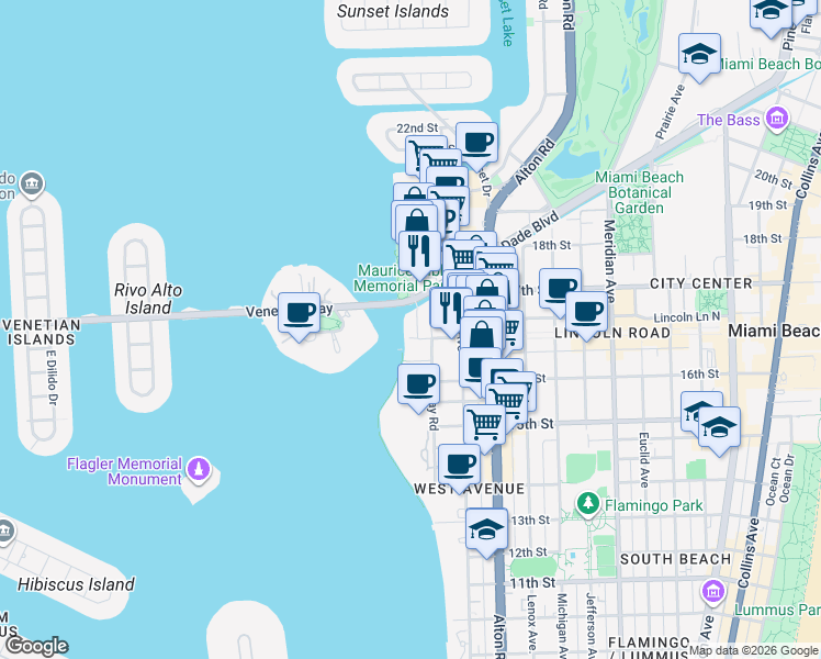 map of restaurants, bars, coffee shops, grocery stores, and more near 1662 Lincoln Court in Miami Beach