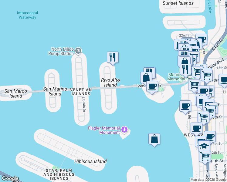 map of restaurants, bars, coffee shops, grocery stores, and more near 227 East Rivo Alto Drive in Miami Beach