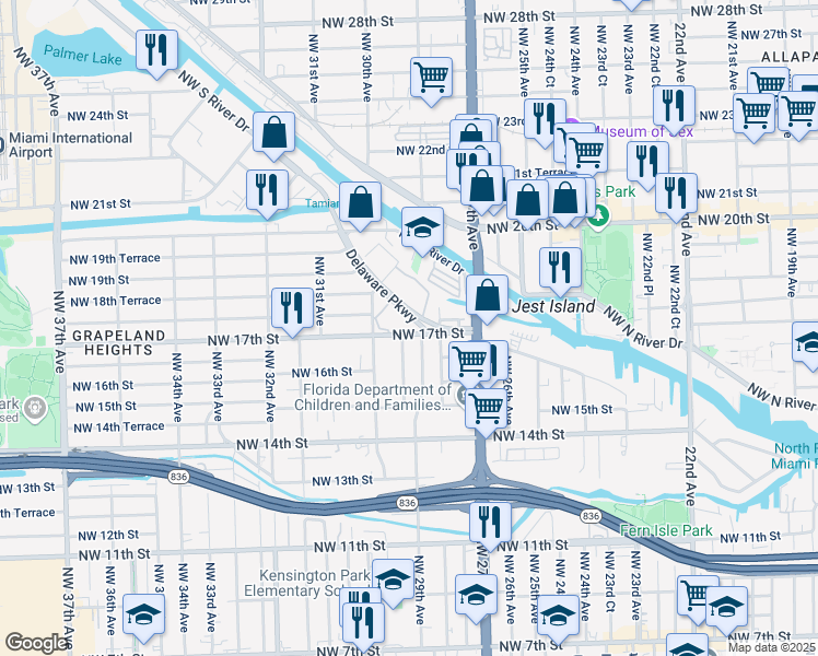 map of restaurants, bars, coffee shops, grocery stores, and more near 1700 Delaware Parkway in Miami
