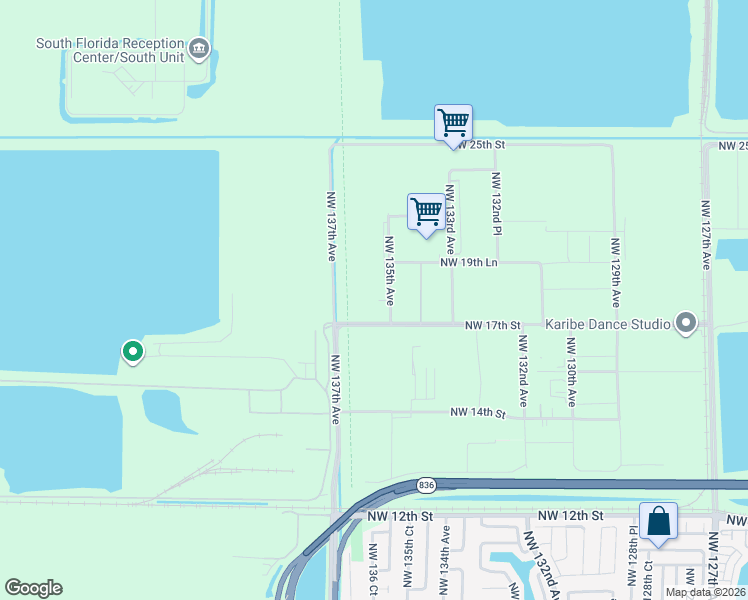 map of restaurants, bars, coffee shops, grocery stores, and more near 13200 Northwest 17th Street in Miami