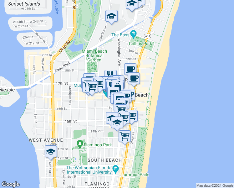 map of restaurants, bars, coffee shops, grocery stores, and more near Lincoln Road Mall in Miami Beach