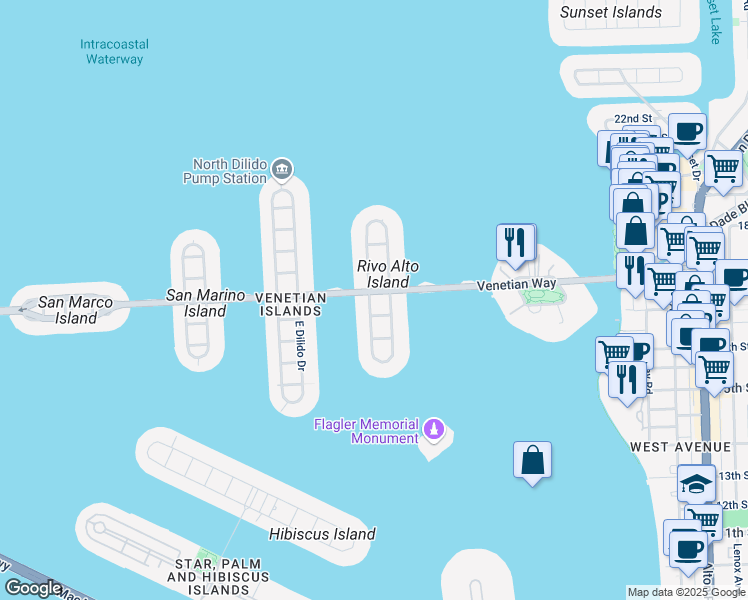 map of restaurants, bars, coffee shops, grocery stores, and more near 225 West Rivo Alto Drive in Miami Beach