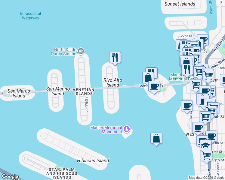 map of restaurants, bars, coffee shops, grocery stores, and more near 225 West Rivo Alto Drive in Miami Beach