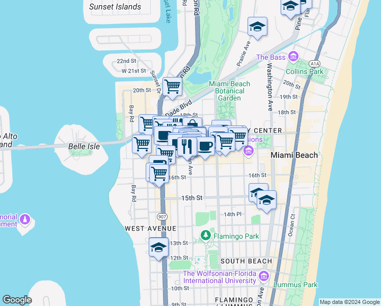 map of restaurants, bars, coffee shops, grocery stores, and more near 1069 Lincoln Lane North in Miami Beach