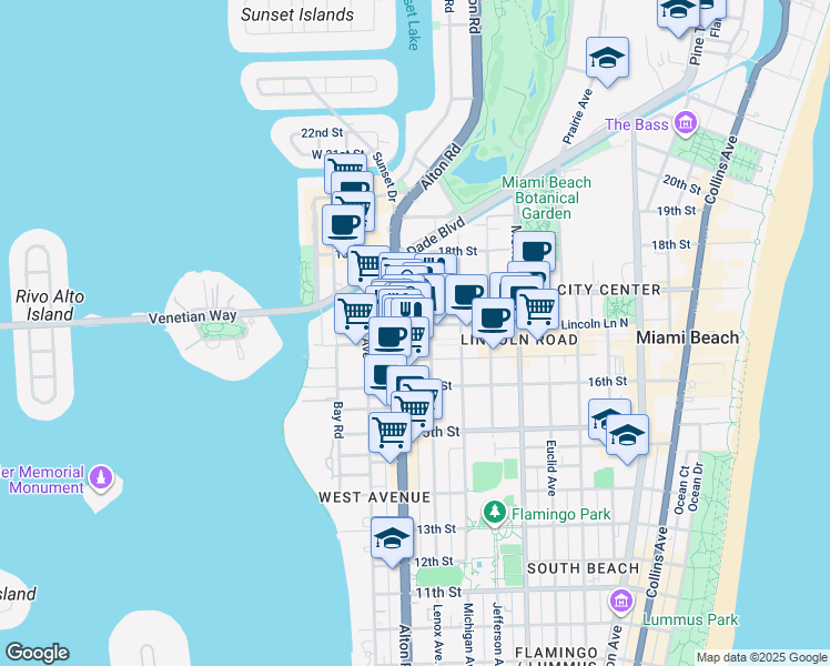 map of restaurants, bars, coffee shops, grocery stores, and more near 1111 Lincoln Road Mall in Miami Beach